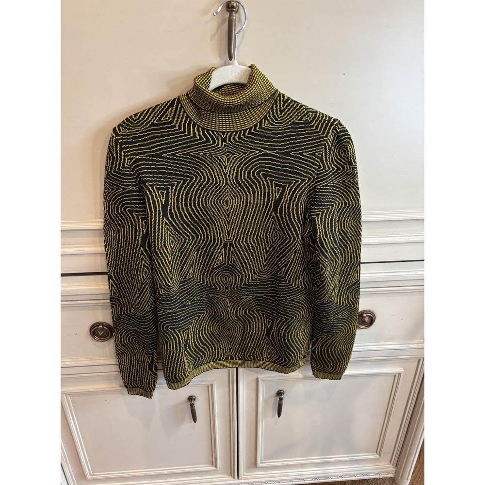 1996 Gianni Versace Gold Black Psychedelic Op‎ Art Knit Roll-Neck Sweater 40/4